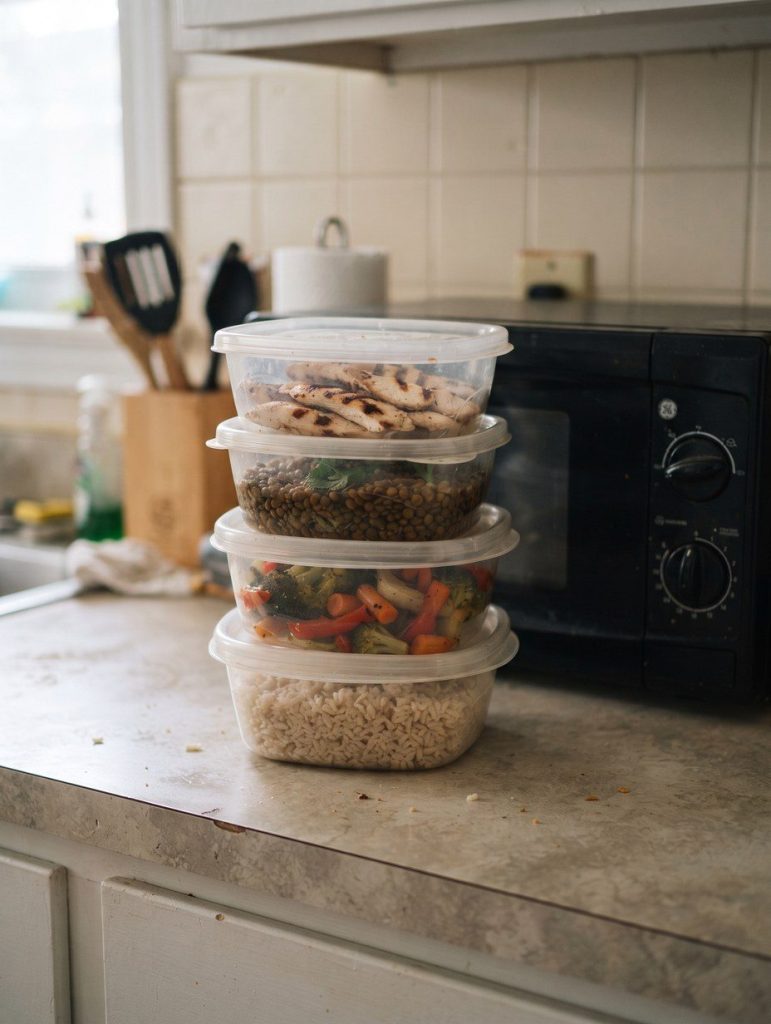 Stacked plastic food containers beside a microwave