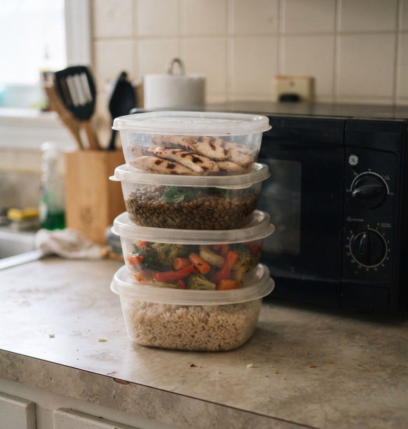 Stacked plastic food containers beside a microwave