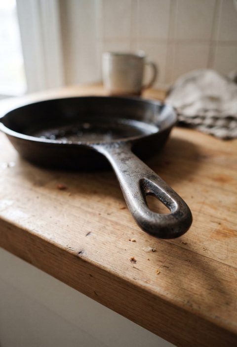 A frying pan handle with the hanging hole visible