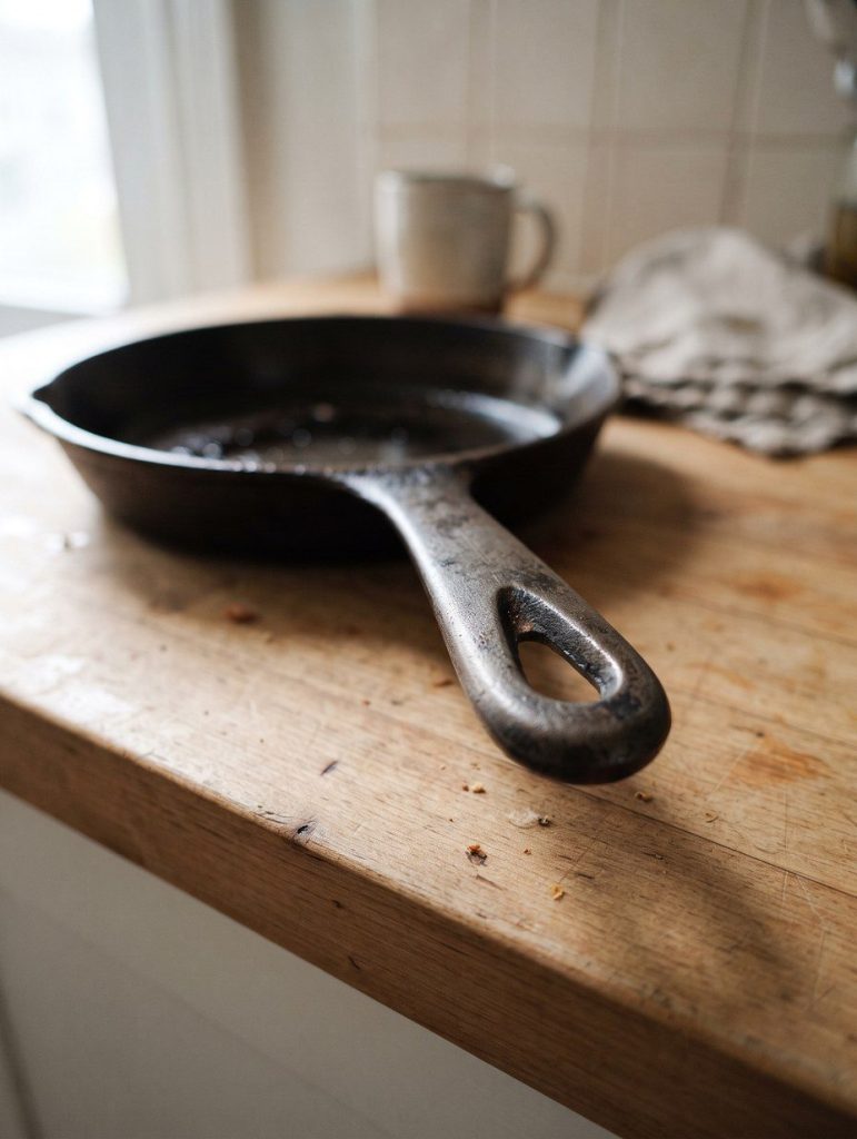 A frying pan handle with the hanging hole visible