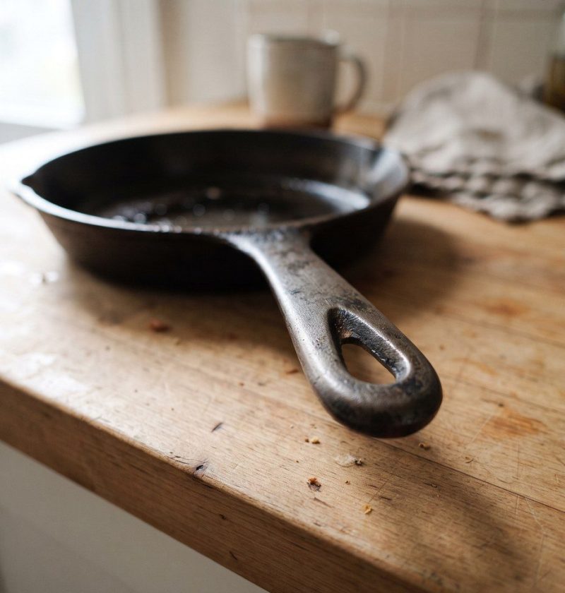 A frying pan handle with the hanging hole visible