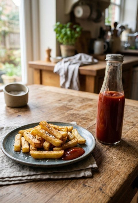 A glass ketchup bottle beside a plate of chips