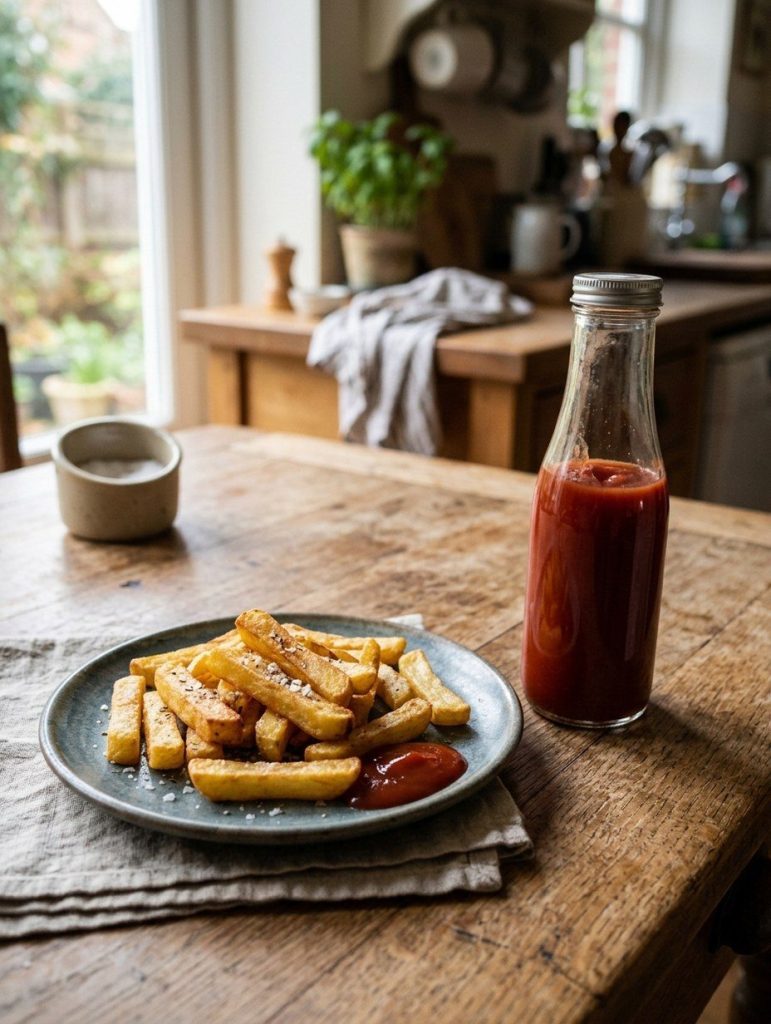 A glass ketchup bottle beside a plate of chips