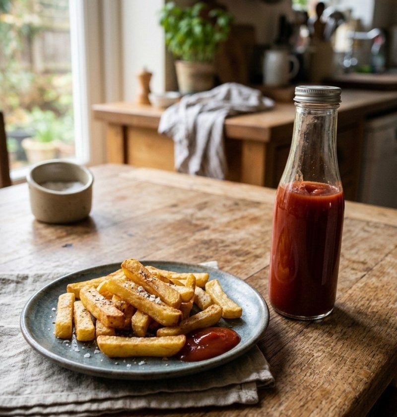 A glass ketchup bottle beside a plate of chips
