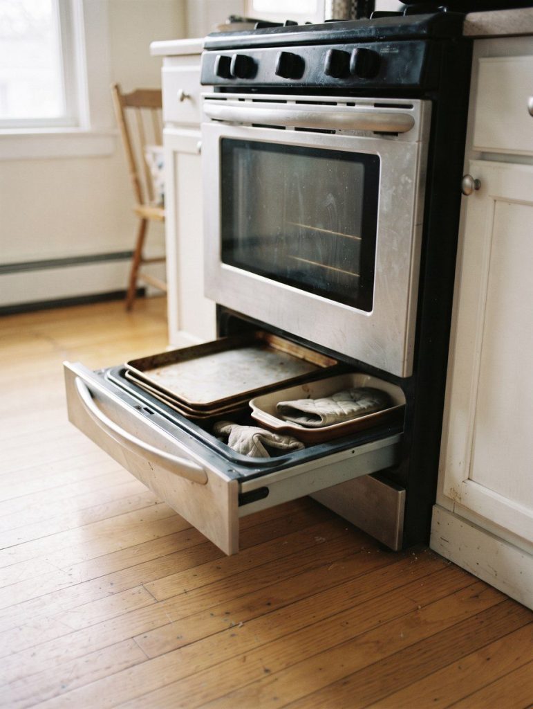 The bottom drawer of an oven standing open with trays inside