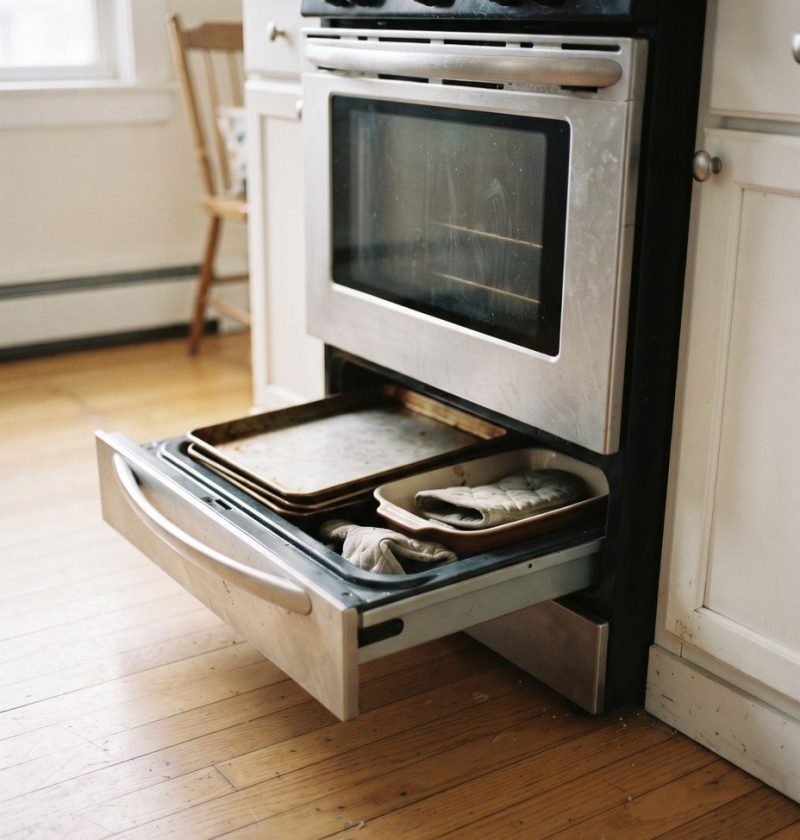 The bottom drawer of an oven standing open with trays inside