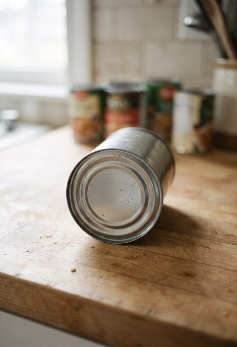 A food can on its side showing the domed base