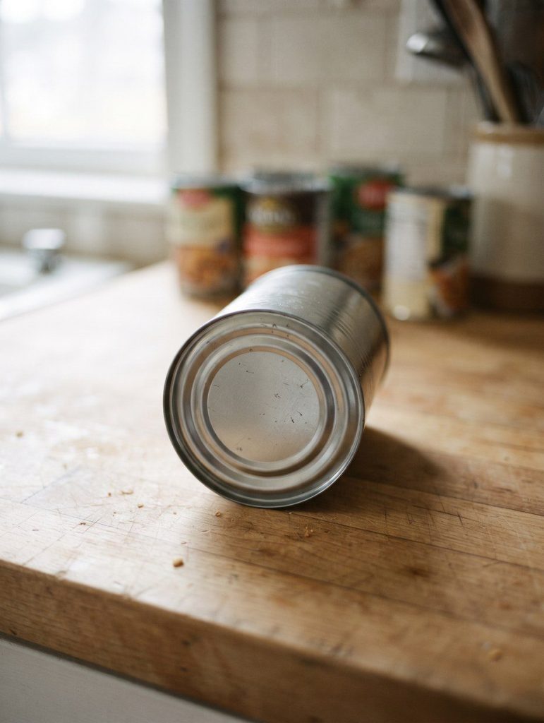 A food can on its side showing the domed base