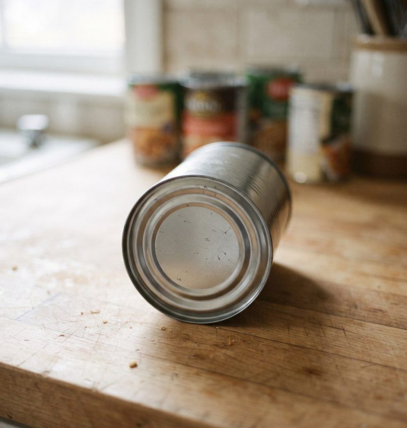 A food can on its side showing the domed base
