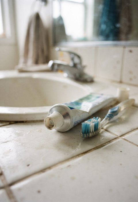 A tube of toothpaste on a bathroom sink beside a toothbrush