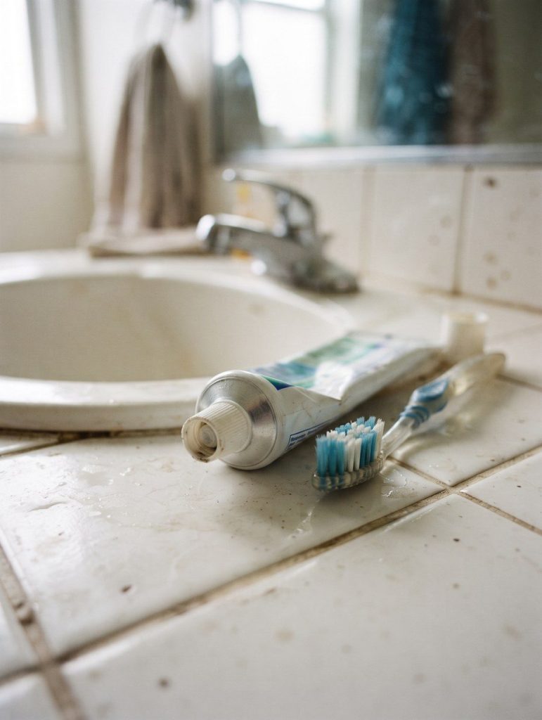 A tube of toothpaste on a bathroom sink beside a toothbrush