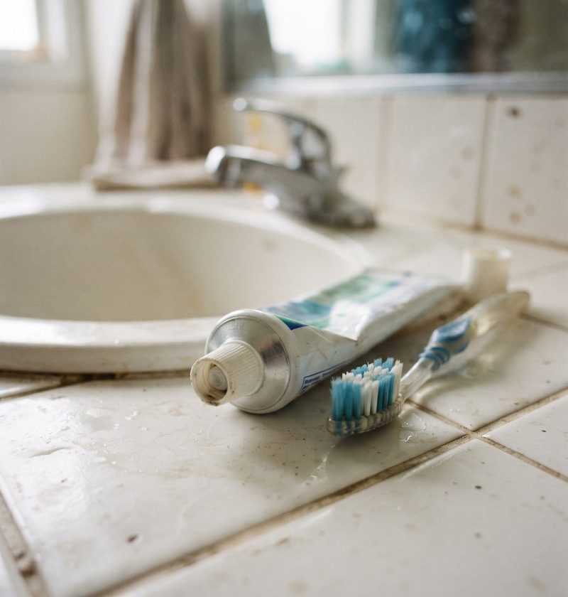 A tube of toothpaste on a bathroom sink beside a toothbrush