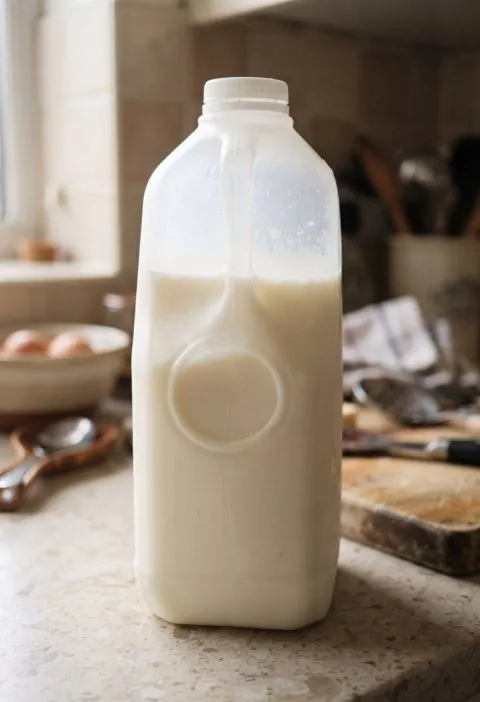 A plastic milk jug showing the circular panel in its side