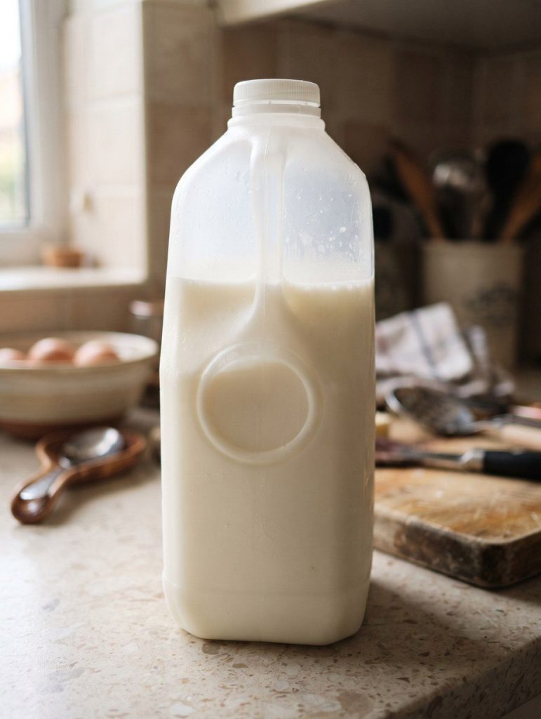 A plastic milk jug showing the circular panel in its side