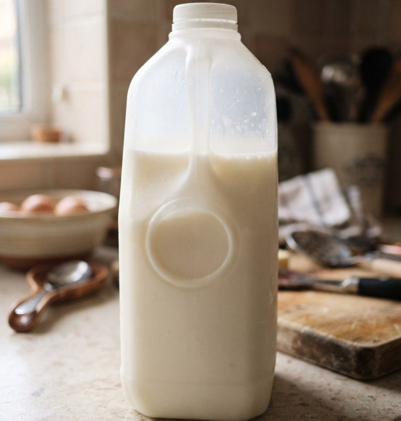 A plastic milk jug showing the circular panel in its side
