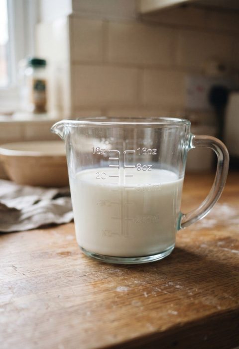 A glass measuring jug of milk showing its markings