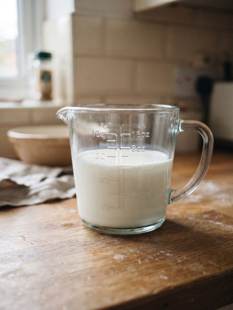 A glass measuring jug of milk showing its markings