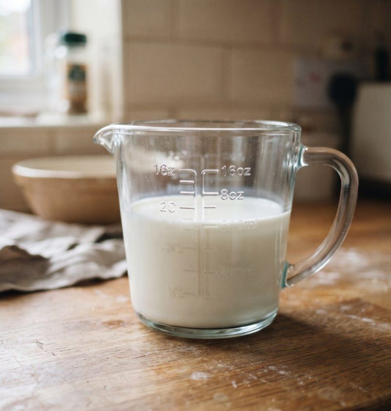 A glass measuring jug of milk showing its markings