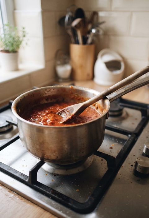 A wooden spoon hooked over the rim of a saucepan