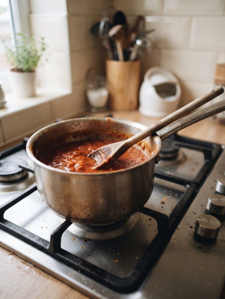 A wooden spoon hooked over the rim of a saucepan