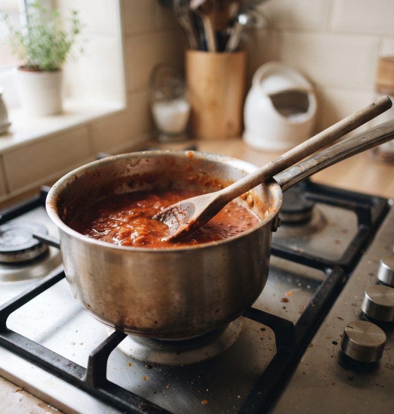 A wooden spoon hooked over the rim of a saucepan