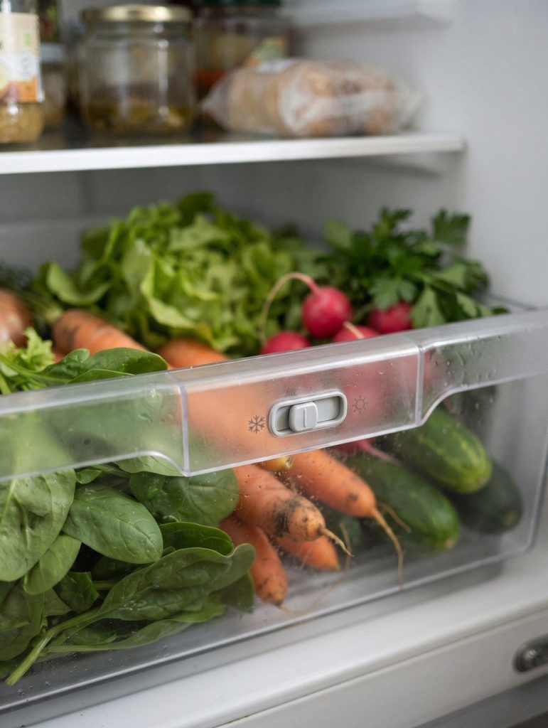 A refrigerator crisper drawer with its slider control visible