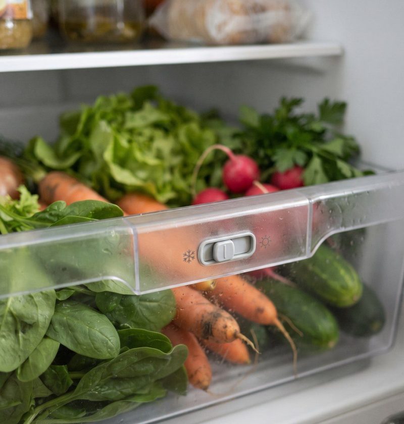 A refrigerator crisper drawer with its slider control visible