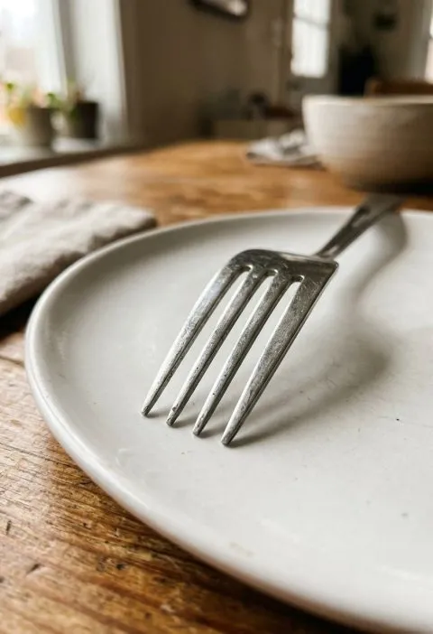 A close view of the four tines of a fork on a plate