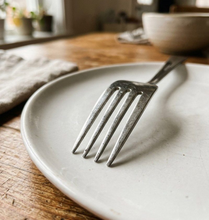A close view of the four tines of a fork on a plate