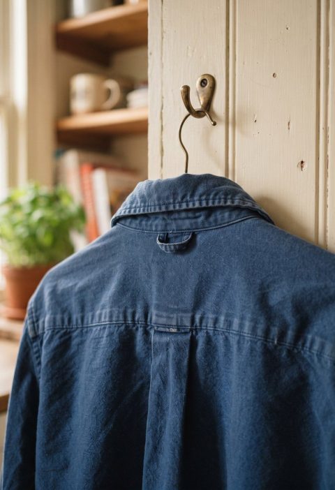 The back yoke of a shirt hanging on a hook