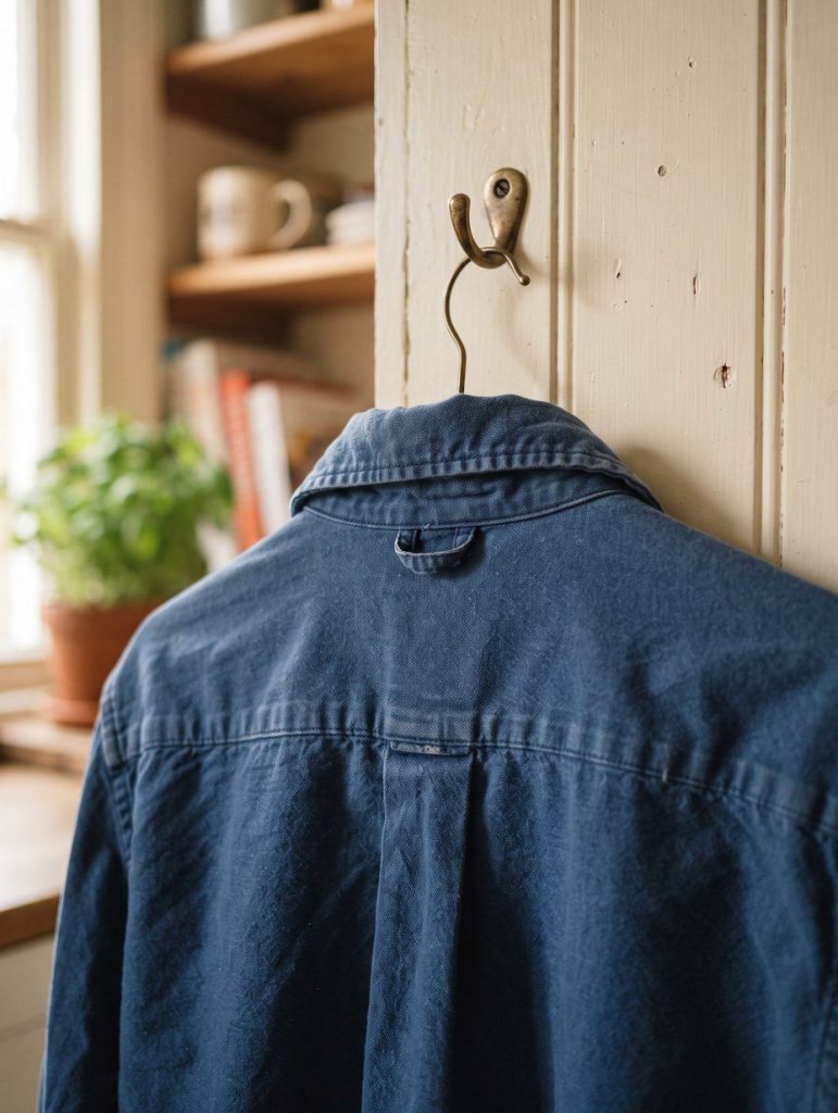 The back yoke of a shirt hanging on a hook