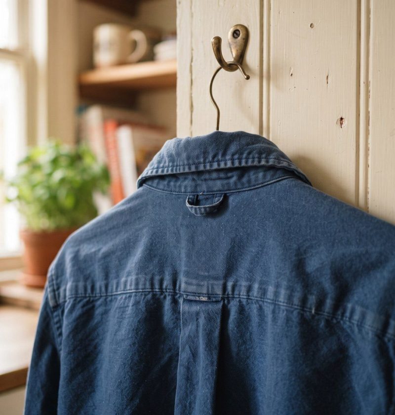The back yoke of a shirt hanging on a hook