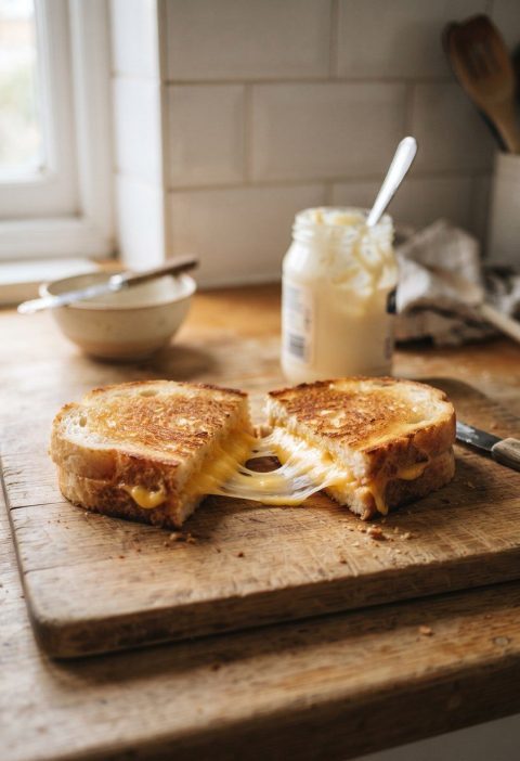 A grilled cheese sandwich cut in half with the cheese stretching