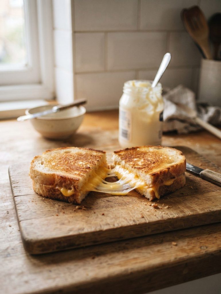 A grilled cheese sandwich cut in half with the cheese stretching