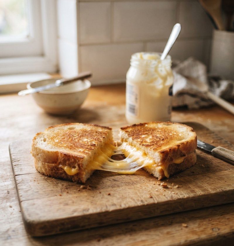 A grilled cheese sandwich cut in half with the cheese stretching