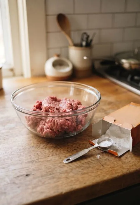 Raw ground beef in a bowl beside a box of baking soda