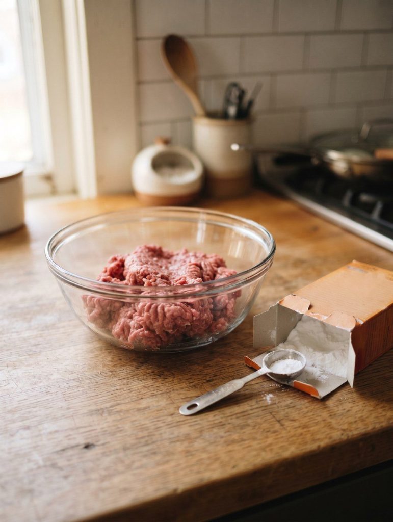 Raw ground beef in a bowl beside a box of baking soda