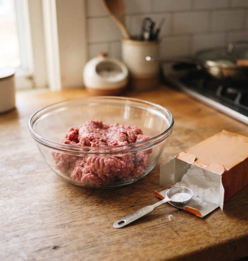 Raw ground beef in a bowl beside a box of baking soda