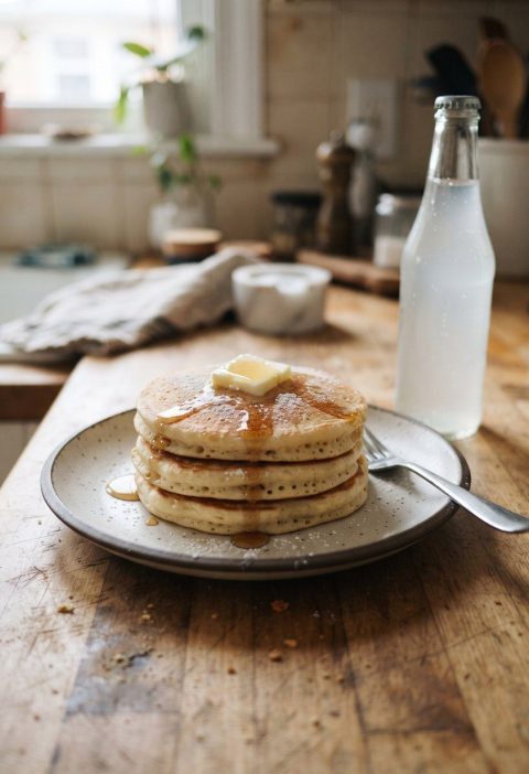 A stack of tall pancakes beside a bottle of lemon-lime soda