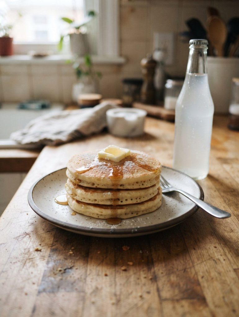 A stack of tall pancakes beside a bottle of lemon-lime soda