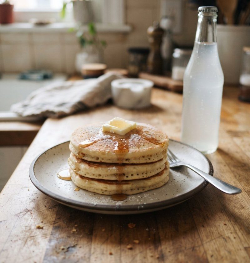 A stack of tall pancakes beside a bottle of lemon-lime soda