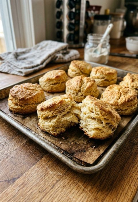 Golden buttermilk biscuits, one torn open showing flaky layers