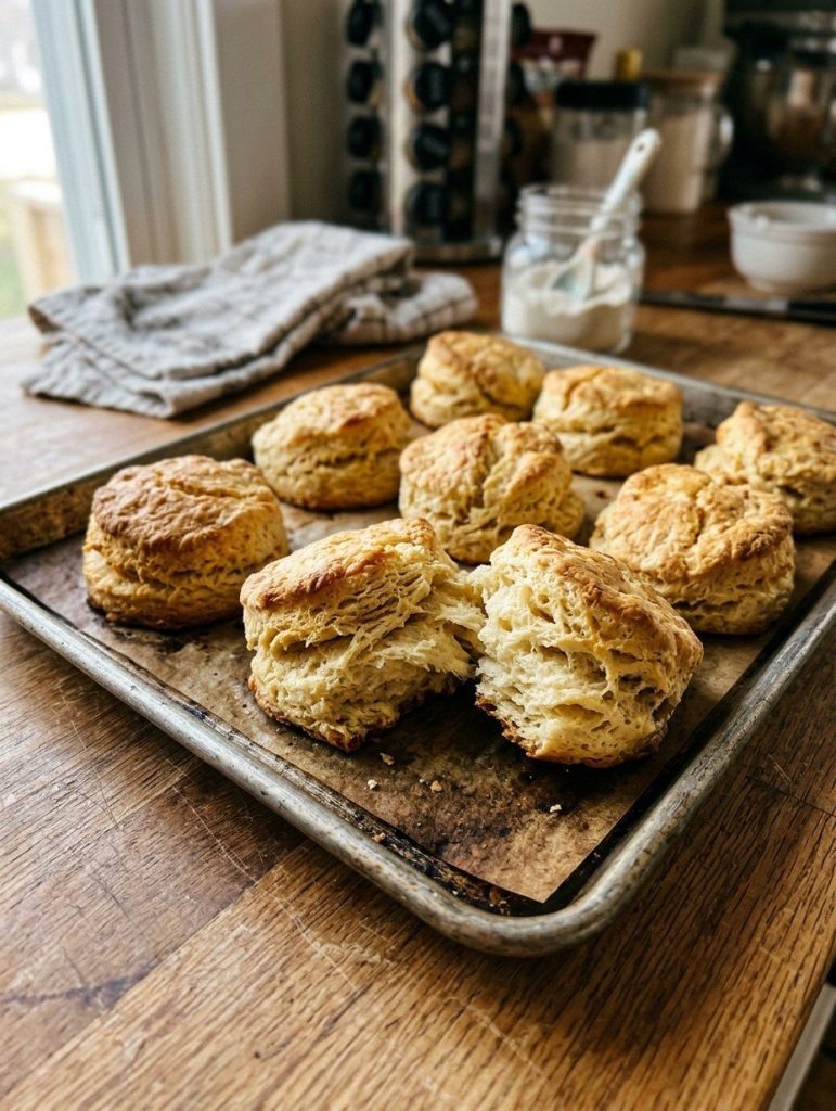 Golden buttermilk biscuits, one torn open showing flaky layers