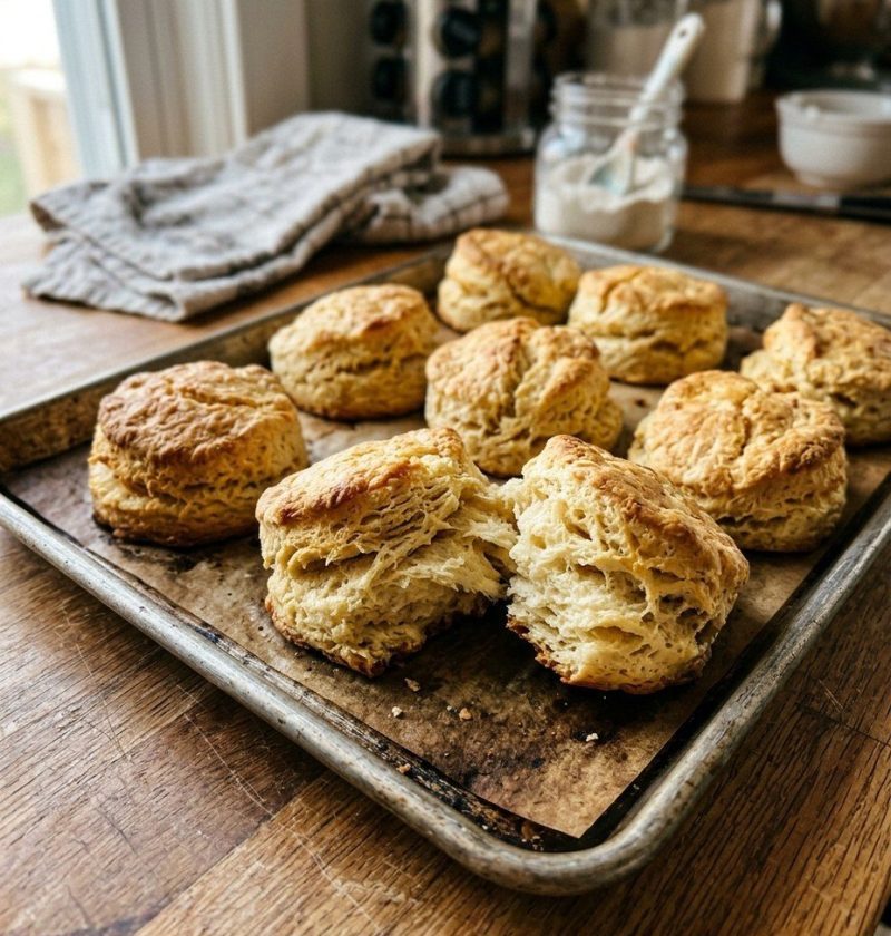 Golden buttermilk biscuits, one torn open showing flaky layers