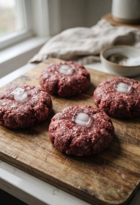 Raw burger patties with an ice cube pressed into each one