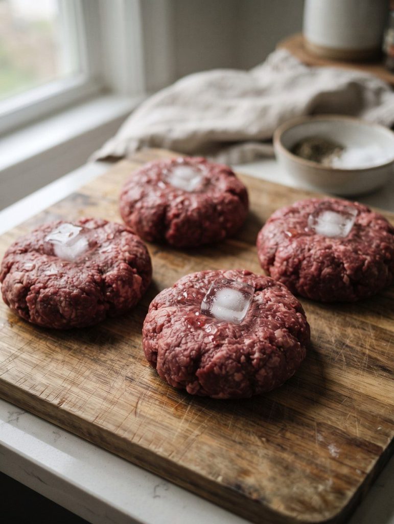 Raw burger patties with an ice cube pressed into each one