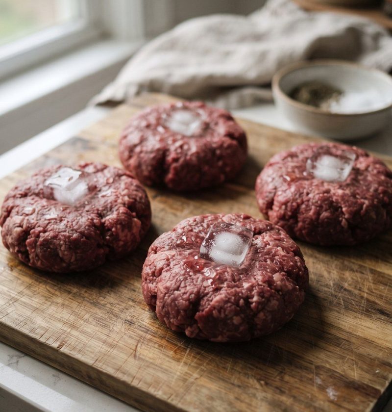 Raw burger patties with an ice cube pressed into each one