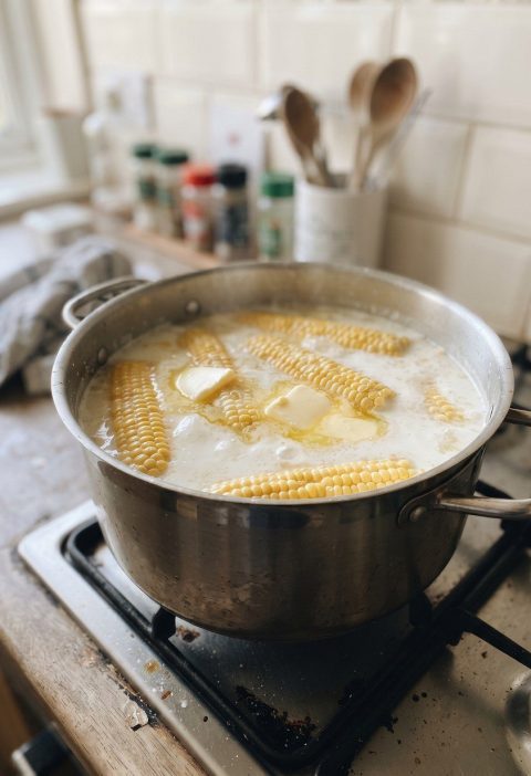 Corn on the cob cooking in a pot of milk with butter