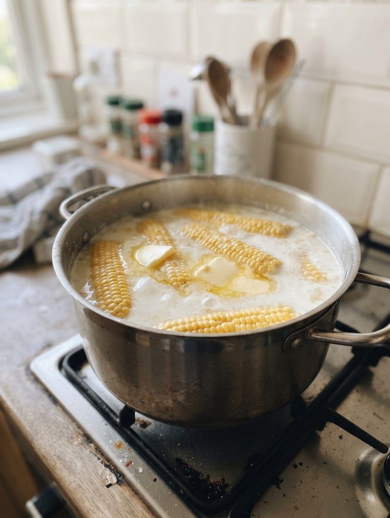 Corn on the cob cooking in a pot of milk with butter