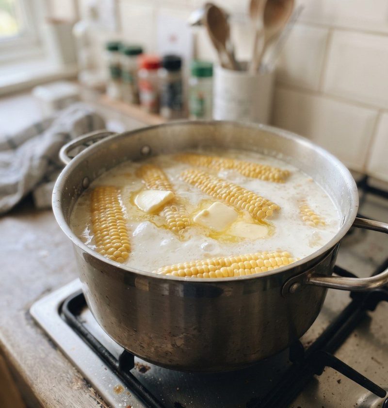 Corn on the cob cooking in a pot of milk with butter